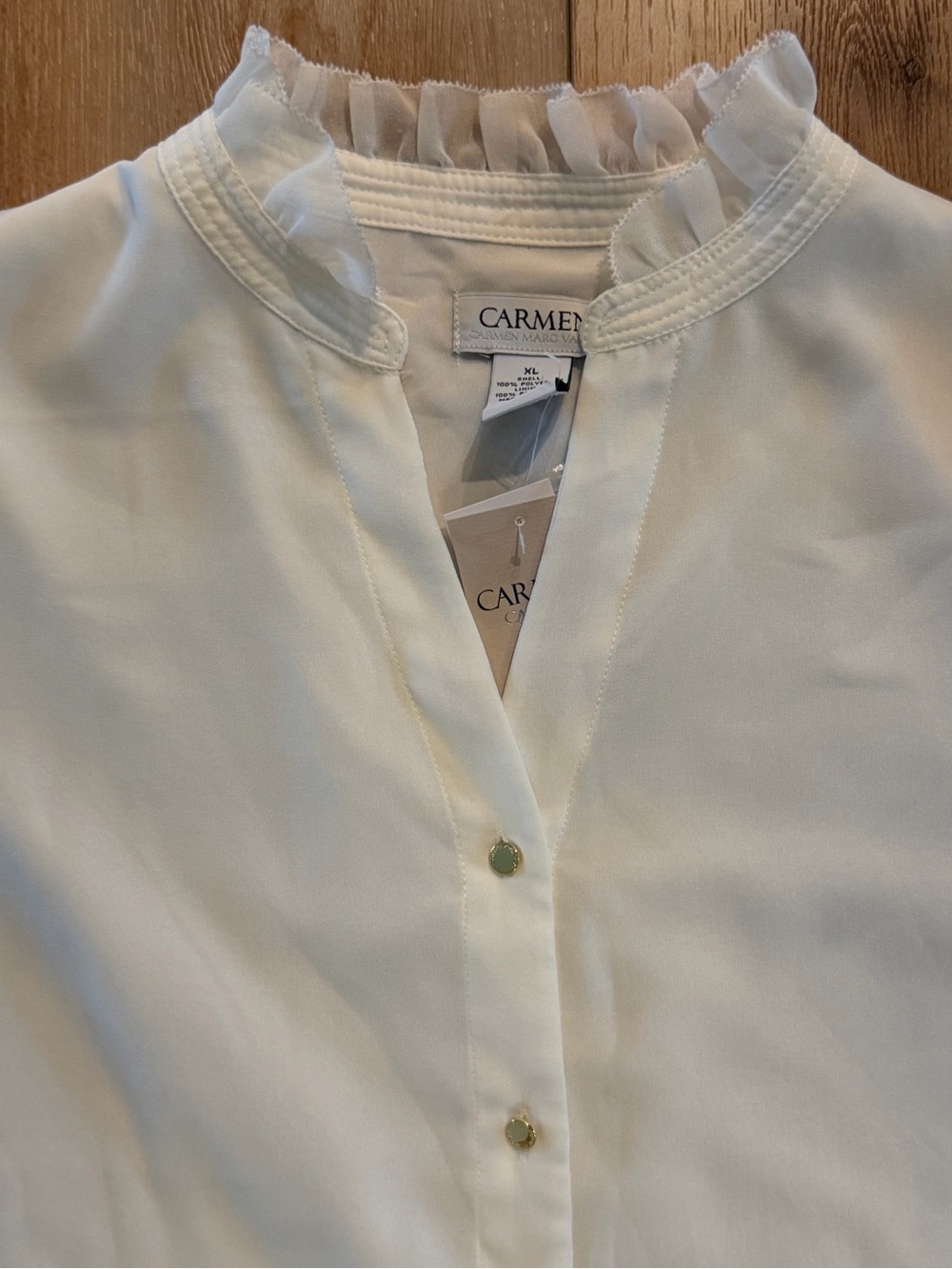 NWT Carmen Marc Valvo Ivory Ruffle Chiffon Blouse Women’s XL Coquette Workwear - Picture 2 of 10